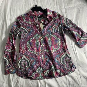 Talbots Women’s 100% Cotton Petite Pink and Blue Paisley Button-Down Shirt